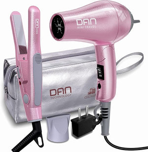 DAN Technology Flat Iron Blow Dryer Set, Small Flat Irons with Travel case, Concentrator Nozzle &amp; EU Plug Adapter, Dual Voltage &amp; Folding Handle, Pro Hair Dryer Set¡¦