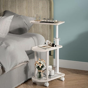 Bamboo 3-Layer Bathtub Tray Stand, Freestanding Rotating Caddy with Adjustable Height, Decorative Bathroom Shelf &amp; Indoor Plant Stand, Spa Organizer for Tub Side Use, Vintage White