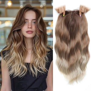 Hair Toppers for Women with Thinning Hair,Wig Topper Pieces,Lager Coverage Invisible Hairpiece Clip-in Volumizing &amp; Curl Wiglet for Thinning Crown/Hairloss (Dark Brown Blonde with Highlights, 16in