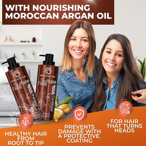 Moroccan Argan Oil Shampoo and Conditioner Set - Sulfate Free Anti Frizz Hydrating Care for Women - Deep Moisturizing Treatment for Color Keratin Treated Curly Damaged and Dry Hair