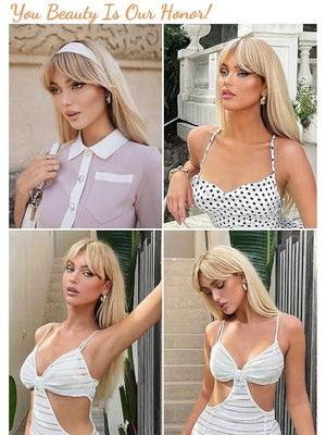 Honygebia Long Blonde Wig with Bangs - Ombre Dark Root Blonde Wigs for White Women, Striaght Wavy Synthetic Heat Resistant Hair, Natural Cute Wigs for Halloween/Christmas/Cosplay/Party
