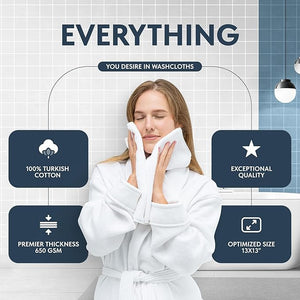 White Classic Luxury Cotton Washcloths 13x13 Inch - 650 GSM Turkish Cotton | Hotel Spa Bathroom Face Towel | 12 Pack