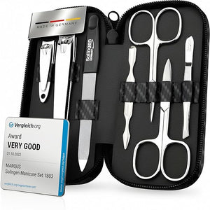 Manicure Set Solingen Made in Germany - 7 Piece Exclusive Finger &amp Toe Nail Clippers Kit for Women and Men in Vegan Leather Case Color Carbon