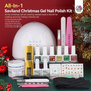 SAVILAND Christmas Gel Nail Polish Kit - 6 Colors Gel Nail Polish Kit with U V light Christmas Limited Series 2.12oz. Clear Builder Nail Gels UPF 200+ U V Protection Gloves Nail Tech Gifts