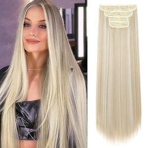 REECHO 28" Straight Long 4 PCS Set Thick Clip in on Hair Extensions -Ash Blonde with Highlights