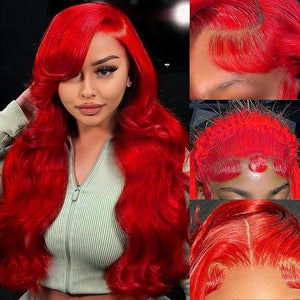 26 Inch Red Lace Front Wigs Human Hair Pre Plucked 200 Density Red Body Wave Human Hair Wig Color 13x4 HD Lace Frontal Wigs