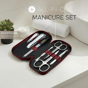 Manicure Set Solingen Made in Germany - 7 Piece Exclusive Finger &amp Toe Nail Clippers Kit for Women and Men in Real Leather Case Color Red