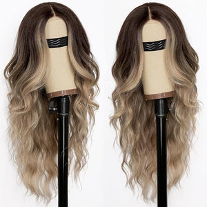 AISI HAIR Ombre Dirty Blonde Wig for Women Long Wavy Lace Hairline Middle Part Synthetic Wig for Daily Party-26 Inch