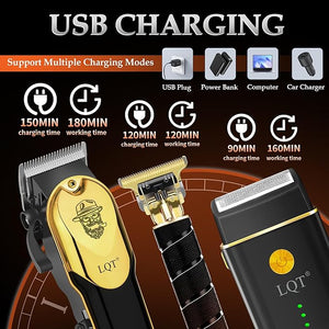 3-in-1 Barber Kit, Professional Hair Clipper, T-Blade Trimmer &amp; Foil Shaver Set, Long-Lasting Battery, LED Display, Cordless Rechargeable Hair Cutting Tools for Men, Gold, Home-use, Gifts for Men