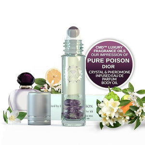 CMD Luxury Fragrance Oil Infused with Pheromones, Roll On, Pure Poison Inspired, Natural Amethyst Crystal Rollerball, EDP Perfume Oil, Body Oil Roller, Gift for Women, .34oz 10mL Travel Size