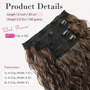 REECHO Clip in Hair Extensions - 4PCS 12" Short Curly Wavy Brown Hairpieces - Invisible Lace Weft - Natural Soft - Ginger Brown