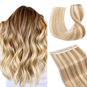 Hairro 100% Human Hair Extensions Highlighted Clip in Remy Hair 16 Thin 45g One-piece 5 Clips Long Straight Hair for Women Wide Weft Soft Silky Bayalage #12P613 Golden Brown Mix Bleach Blonde