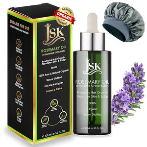 JSK Organic Rosemary Oil for Hair Growth 100% Pure &amp Steam-Distilled USDA Certified Non-GMO Scalp &amp Hair Treatment Hair Loss &amp Dandruff Control 100ML Glass Bottle + Bonus Silk Hair Bon
