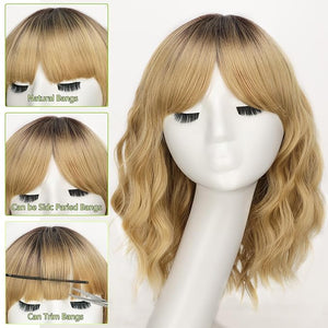 AISI HAIR Curly Bob Wig with Bangs Short Wavy Golden Blonde with Darker Roots Wigs for Women Bob Style Synthetic Heat Resistant Bob Wigs