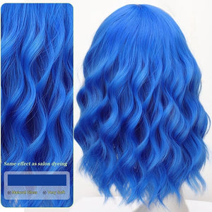 AISI HAIR Blue Synthetic Wavy Curly Bob Wig with Bangs Short Wavy Hair for Women Synthetic Heat Resistant Bob Wigs