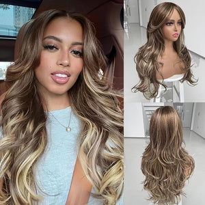 Hightlight Honey Blonde Wigs with Bangs Long Golden Brown Ombre Hightlight Layered Wavy Wig with Curtain Bangs for Black White Women Synthetic Long Natural Body Wave Blonde Butterfly Haircut for Women