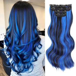Vigorous Clip in Long Wavy Synthetic Hair Extension 4PCS Blue Black Highlights Hair Extensions 20Inch Easy to Install for Daily Use and Event Party Use