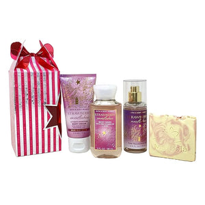 Bath &amp; Body Works Strawberry Snowflakes Mini Gift Box Trio - Fragrance Mist - Body Cream and Body Wash with a Himalayan Salts Springs Sample Soap - Travel Size
