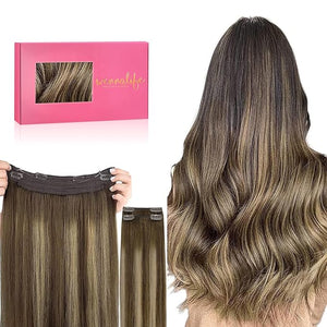 WENNALIFE Wire Hair Extensions (Increase 50% Lifespan) Real Human Hair 22 inch 150g Balayage Chocolate Brown to Caramel Blonde Remy Real Hair Extensions Invisible Wire Human Fish Line
