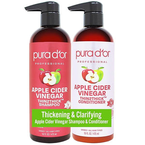 PURA D'OR Apple Cider Vinegar Thin2Thick Set (16oz x 2) ACV Shampoo &amp Conditioner Clarifying - Biotin Keratin Caffeine Castor Oil Aloe - All Hair Types Men &amp Women (Packaging may vary)