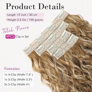 REECHO Clip in Hair Extensions, 4PCS Hair Extensions 12" Short Curly Wavy Blonde hair extensions Invisible Lace Weft Natural Soft Hairpieces for Women ? Golden Blonde with Highlights