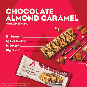 Atkins Chocolate Almond Caramel High Protein Bars, Keto Snacks, 15g Protein, 3g Net Carbs, 1g Sugar, Gluten Free Protein Bars, High Fiber Snacks, Low Sugar, 4 Count (Pack of 6)
