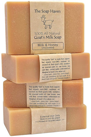 4 Goat Milk Soap Bars with Honey - Handmade in USA. All Natural Soap Unscented Fragrance Free Fresh Goats Milk. Wonderful for Sensitive Skin and Babies. SLS Paraben GMO-Free