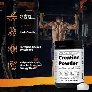 Santa Cruz Paleo Creatine Monohydrate Powder Micronized Unflavored Pre Workout and Muscle Support Supplement Gluten Free Keto Mix with Water or Shakes No Fillers or Additives 80 Servings 400g
