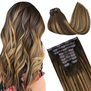 GOO GOO Clip in Hair Extensions Real Human Hair Remy Human Hair Extensions Clip ins for Women Natural Human Hair 18inch 170g 9Pcs #4/27/4 Balayage Chocolate Brown to Caramel Blonde