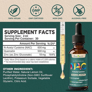 Liposomal Liquid NAC Supplement N-Acetyl Cysteine Drops N Acetyl Cysteine 600 mg with Quercetin &amp Zinc for Adults &amp Kids Liver &amp Lung Support Antioxidant Immune &amp Skin Health 2 Fl
