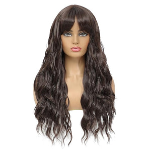 SWACC Long Curly Wavy Wig with Bangs Synthetic Hair Wig for Women with Wig Cap (Dark Brown)