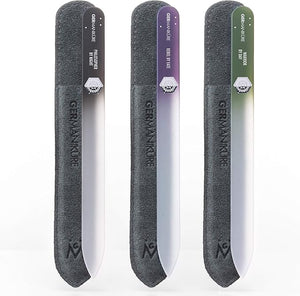 GERMANIKURE Czech Crystal Glass Nail File 3 Pack in Suede Sleeves - Professional Manicure &amp Pedicure Products for Smooth Easy Shaping of Natural Nails - Ideal Nail Care Gift