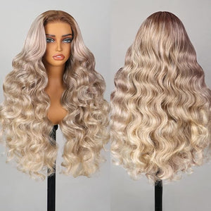 TESLAL Ash Blonde Wig Human Hair Blend Wear and Go Glueless Wigs Pre Plucked Pre Cut Lace 6X6 Body Wave Wig Ombre Blonde Hair Synthetic Wig 30Inch 260% Density