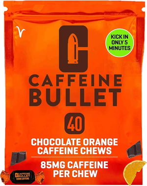 Caffeine Bullet Energy Chews - Chocolate Orange. 40 * 85mg - Faster Kick Than Pills Gels and Gum. Sport Science for Running Cycling Gaming &amp A Pre Workout Endurance Boost.