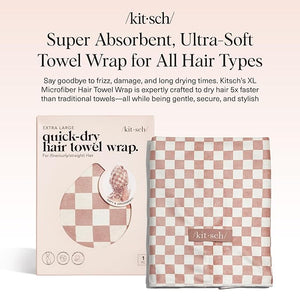 Kitsch XL Microfiber Hair Towel Wrap for Women ? Ultra Absorbent Microfiber Towel for Wet, Curly, Long or Short Hair ? Quick Dry, Anti-Frizz Hair Wrap ? Terracotta Checkered, 40x24 inches