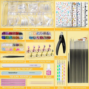 Teenitor Press On Nail Kit - Clear Coffin Nail Tips Art Brushes Dotting Pen Glitter Stickers &amp Rhinestones