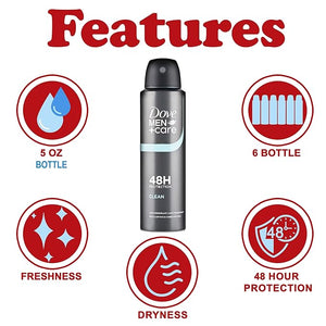 Dove Men + Care Classic Antiperspirant Deodorant Spray 6 Pack 48 Hour Odor Protection Long Lasting Clean Scent Soothes &amp Moisturises Skin 5 oz. Each