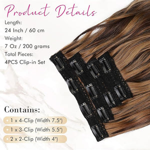 REECHO Clip in Hair Extensions 4PCS BHair Extensions 24 Thick Long Beach Waves hair extensions HE003 Invisible Lace Weft ? Chocolate Brown with Golden Highlights