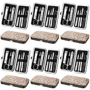 Geosar 12 Set Christmas 8 in 1 Manicure Set Christmas Stainless Steel Nail Clippers Kit Pedicure Care Tools with Leather Case Travel Grooming Kit Gift for Women Men(Glitter Rose Gold)