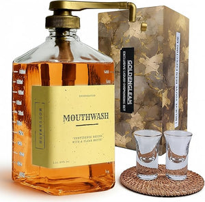 eBun Goldengleam Glass Mouthwash Dispenser (Gold Plastic Pump) 37oz Mouthwash Pump Dispenser, Mouth Wash Holder with Rinse Cup, Mouth Wash Glass Bottle, Decanter, Large Bottle for Bathroom Set