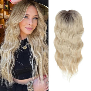 Hair Toppers for Women 20inch Wavy Hair Toppers for Women Toppers Hair Pieces for Women with Thinning Hair Ombre Highlight Synthetic Wig Clip In Hair Topper Wiglets with Fringe Bang Add Hair Volume