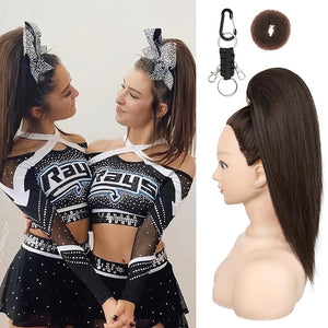 SEIKEA Cheer Ponytail Hair Piece 16 Straight Cheerleader Hairpiece Ponytail Extension for Cheerleader Competition Dance Black Brown with Dark Brown Highlights