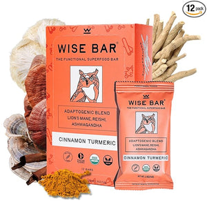 WISE BAR Adaptogen Mushroom Nutrition Bars with Reishi Lions Mane &amp Ashwagandha Organic Vegan &amp Gluten Free Snacks for Natural Focus Energy &amp Immunity Support Cinnamon Turmeric Flavor