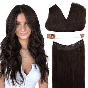 GOO GOO Wire Hair Extensions Human Hair 2A Light Brown Natural 14inch 75g Invisible Wire Hair Extensions with Transparent Seamless Fish Line Hairpiece