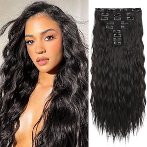 Hair Extensions, REECHO 9PCS Clip in Hair Extensions 24" Thick Long Mini Mermaid Wave Luxurious Lightweight Japanese Technology HYOUITSU Fiber Invisible Soft Lace Weft - HE009 Black Brown