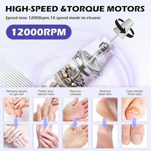 Professional Manicure Pedicure Kit Electric Nail Grinder10 Speeds Cordless Nail Drill with LED Light Nail File with LED DisplayWider Grinder for Toenail Hand Feet Care for Women Men