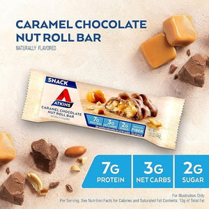 Atkins Caramel Chocolate Nut Roll Snack Bar Protein Snack High in Fiber 2g Sugar 30 Count