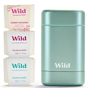 Wild - Aqua Case with Refill Variety Pack - Refillable Deodorant - Aluminum Free - Includes Fresh Cotton &amp Sea Salt Cherry Blossom and Coconut &amp Vanilla Scents - Vegan