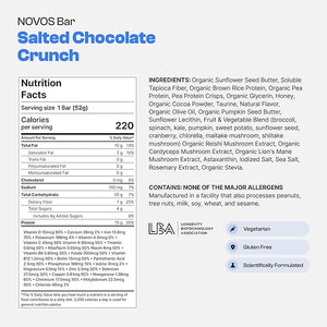 Novos Longevity Meal Bar - Salted Chocolate Crunch - 15g Protein Bar 5 Longevity supplements 20 Superfoods Seed Oil Free Targets Causes of Aging Skin Mind and Mood Support Vegetarian 12-Pack