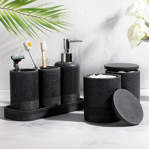 Bathroom Accessories Set 6-Piece Bathroom Accessory Set Toothbrush Holders Set Soap Dispenser Vanity Tray Tumbler Cotton Swab Jars Bathroom Organizer for Modern Bathrooms(Black)